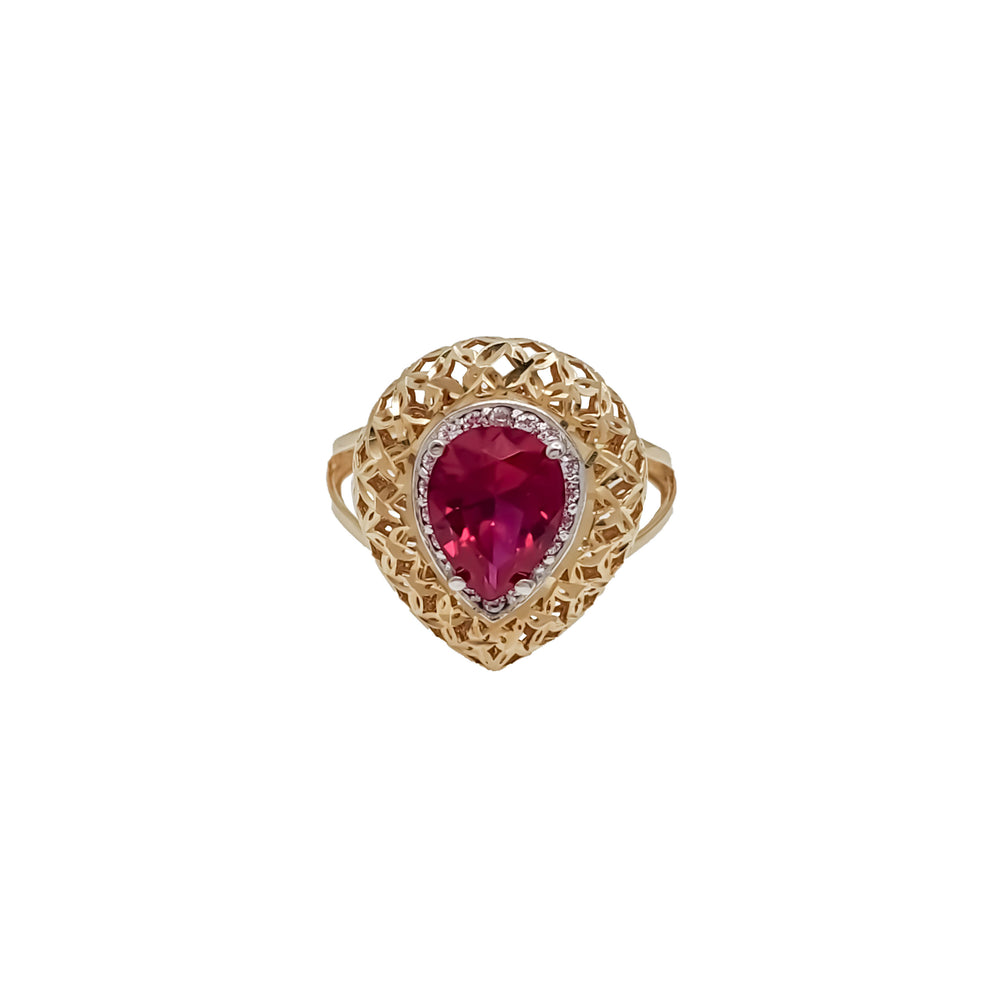 Red Pear-Shaped Cubic Zirconia Ring (14K)