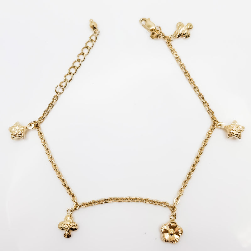 Flower and Star Charms Anklet (14K)