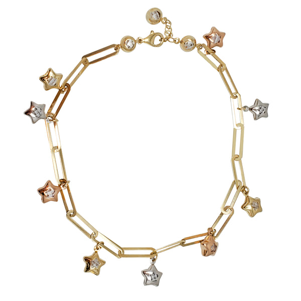 Tri-Tone Star Charms Paper Clip Anklet (14K）