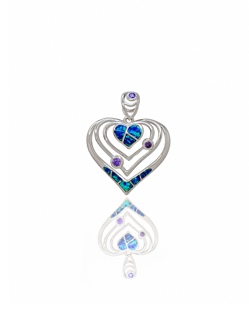 Sterling Silver Opal Heart CZ Pendant