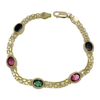 Bezel Set Color Gemstone Double Cable Link Bracelet (14K).
