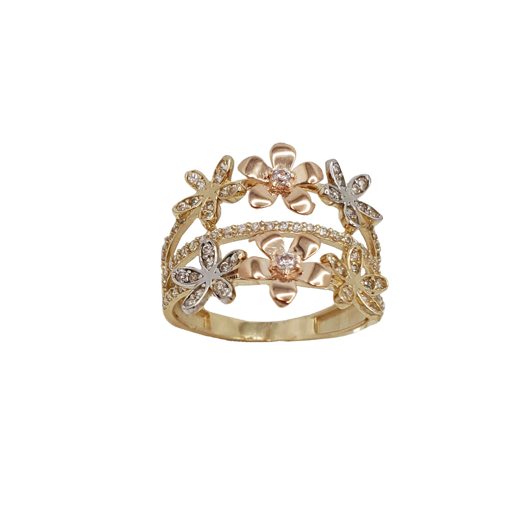 Zirconia Tricolor Flowers Ring (14K)
