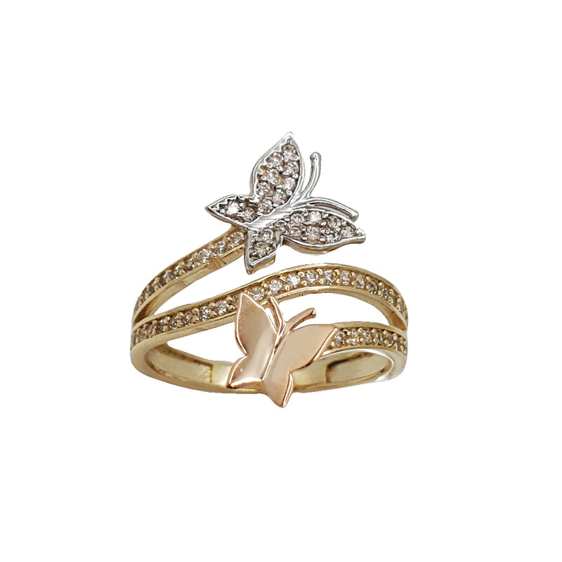 Zirconia Tricolor Double Butterfly Ring (14K)