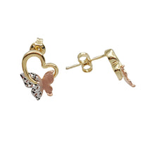Tricolor Heart With Butterfly Stud Earrings (14K)