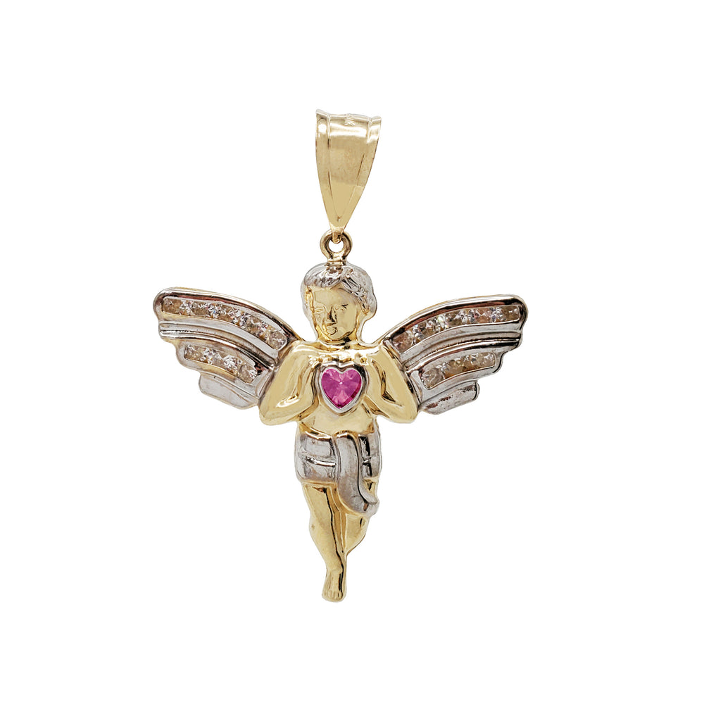 Two-Tone Zirconia Angel With Heart Pendant (14K)