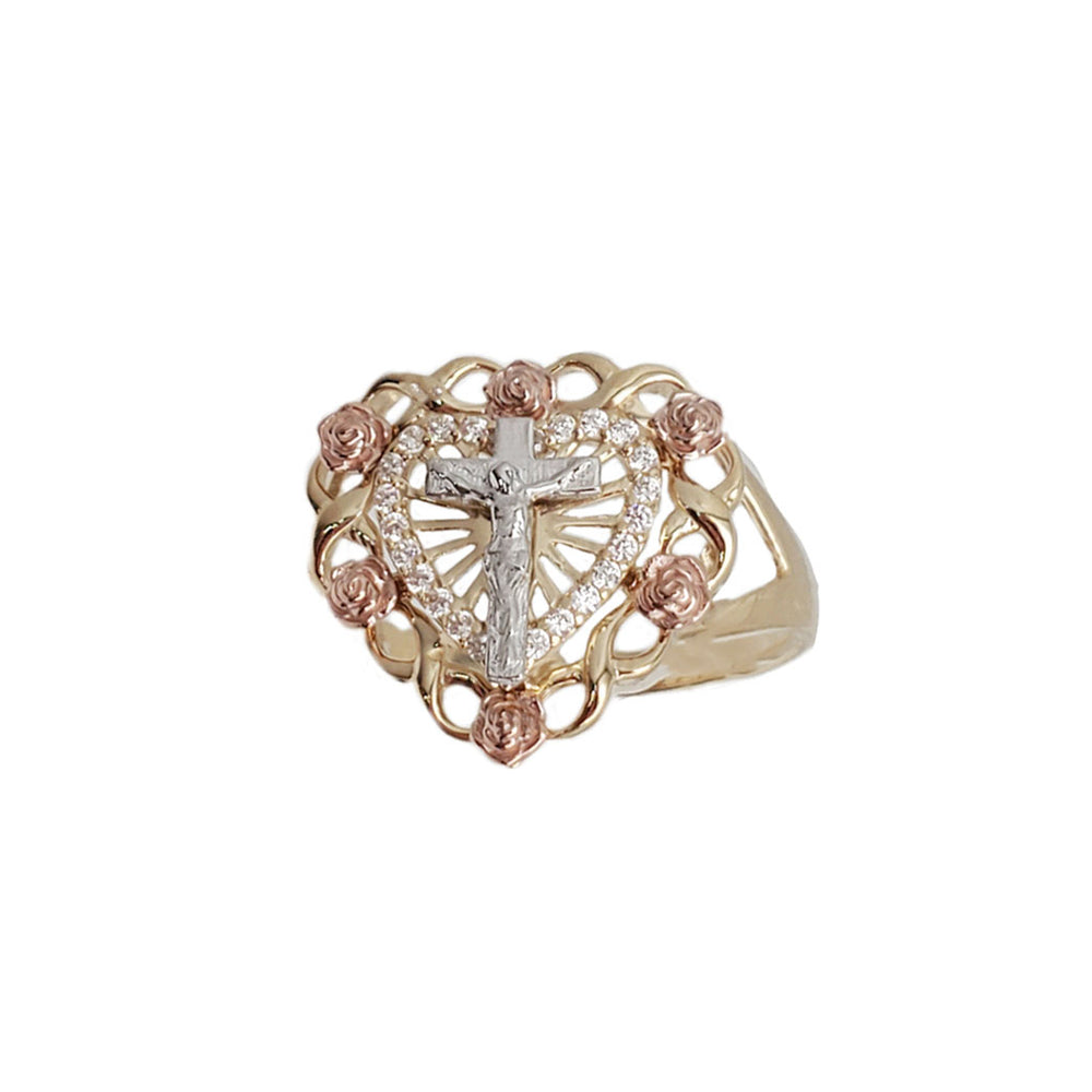 Tricolor Zirconia Flower Cross Ring (14K)