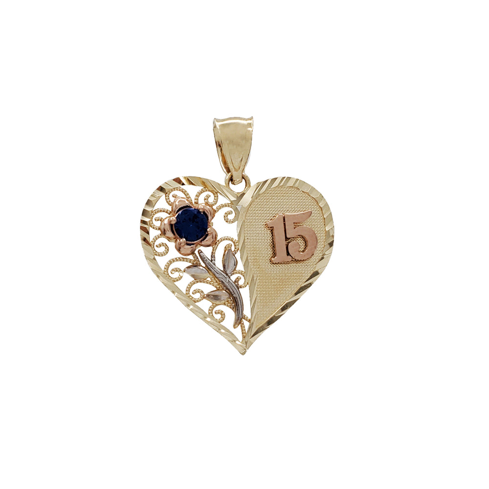 Zirconia Birthstone "15 Birthday" Flower Heart Pendant (14K)