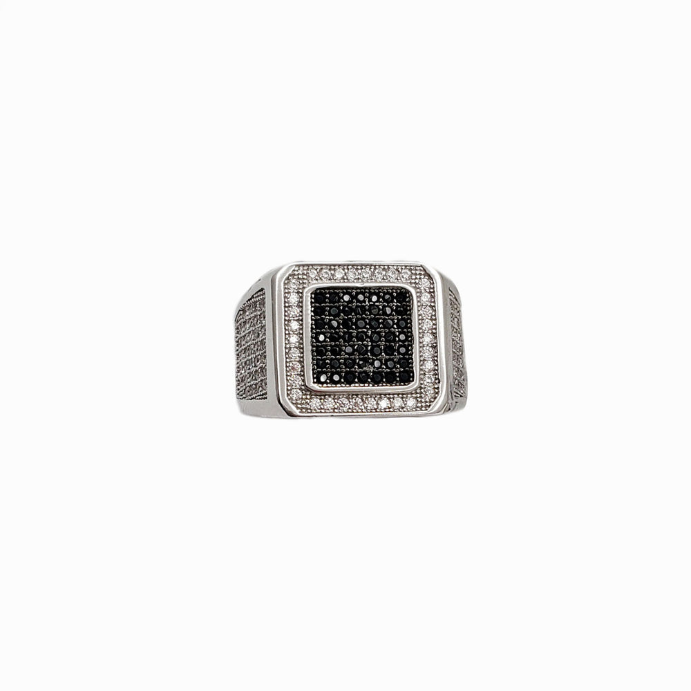 Men Square Black & White Zirconia Ring (Silver)