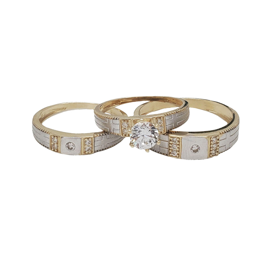 Zirconia Two-Tone Cross Textured Wedding Rings (14K)