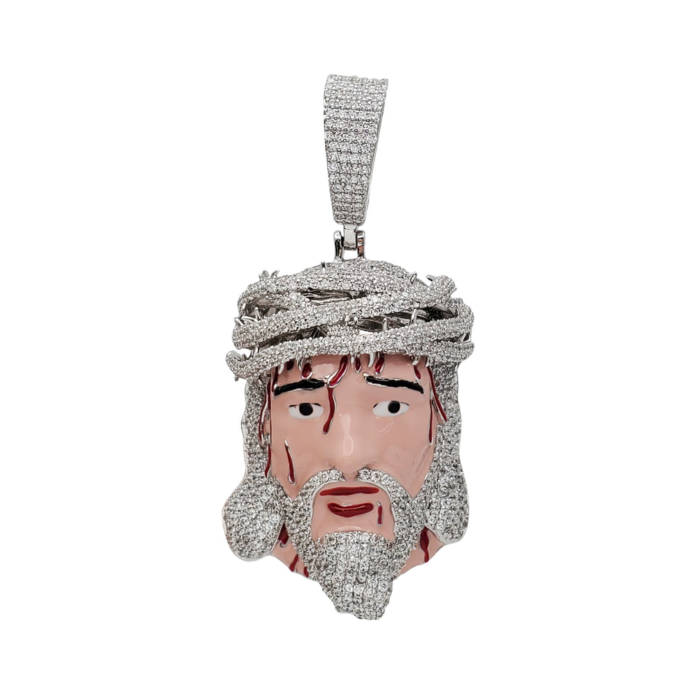 Zirconia Enamel Jesus Head Pendant (Silver)