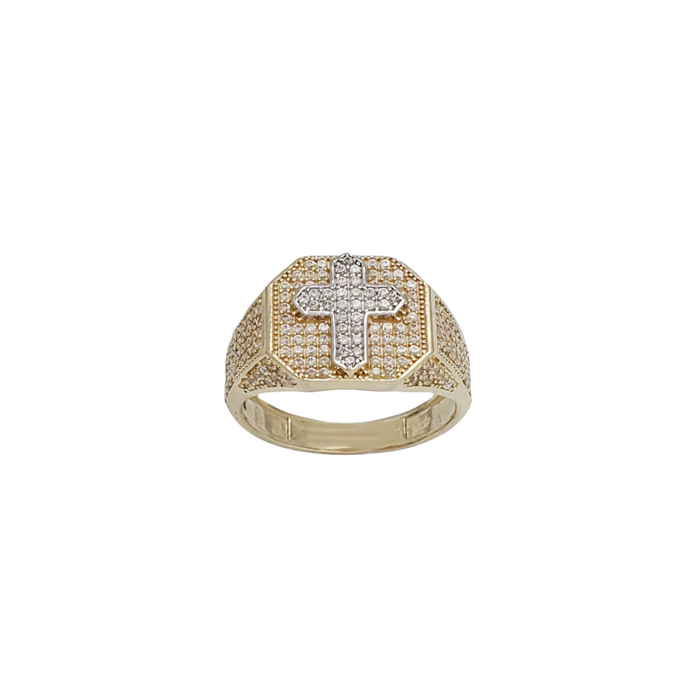 Two Tone Zirconia Cross Men's Ring (14K)
