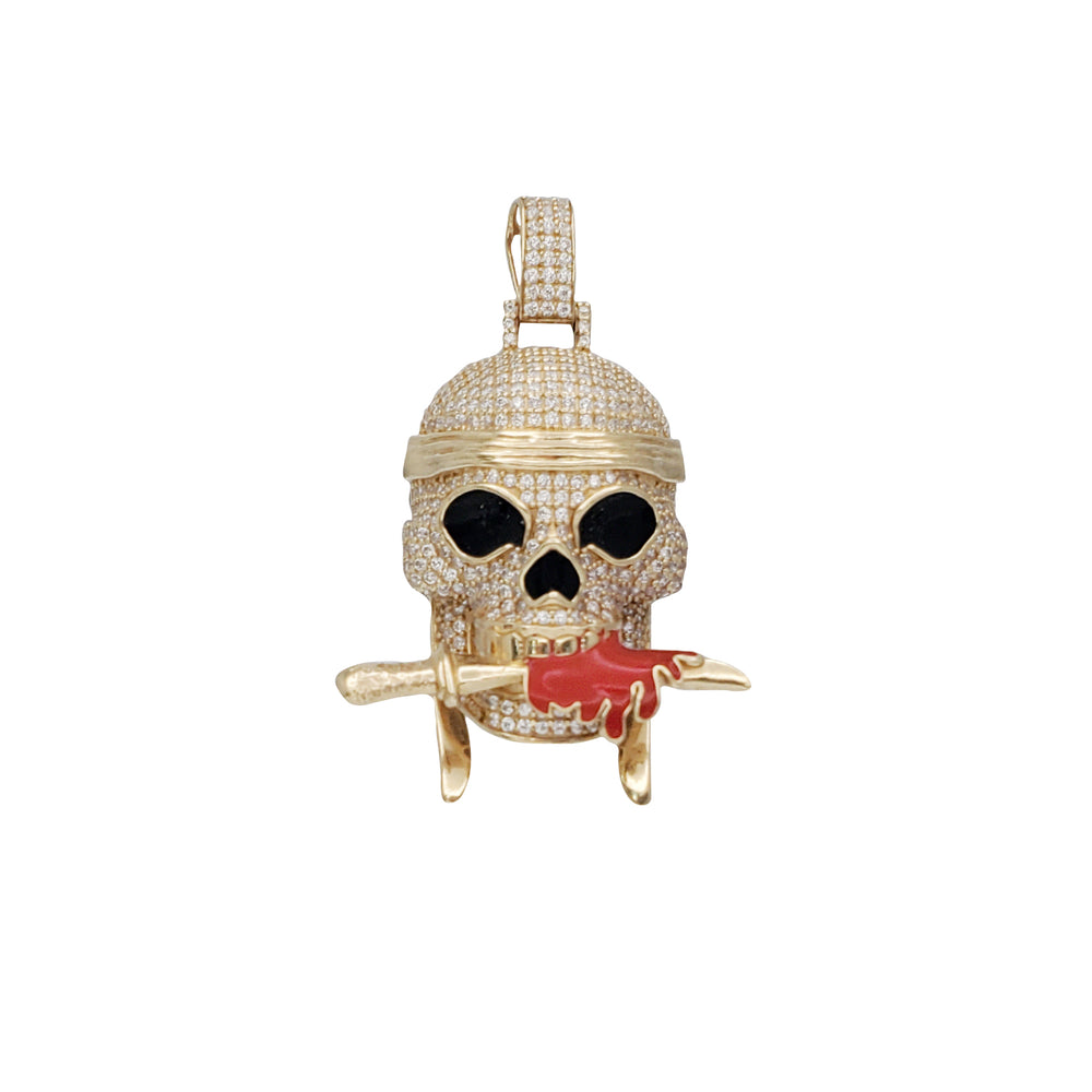 Pirate Skull With Knife Enamel CZ Pendant (14K)