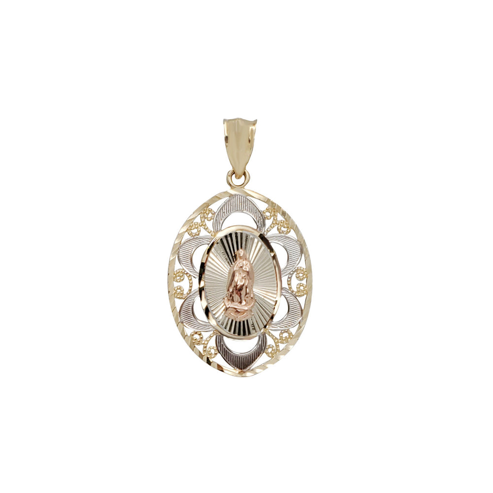 Tricolor Diamond-Cuts Virgin Mary Oval Pendant (14K)