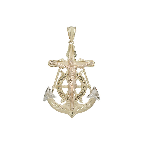 Tri-Color Greek Key Anchor Crucifix Pendant (14K)