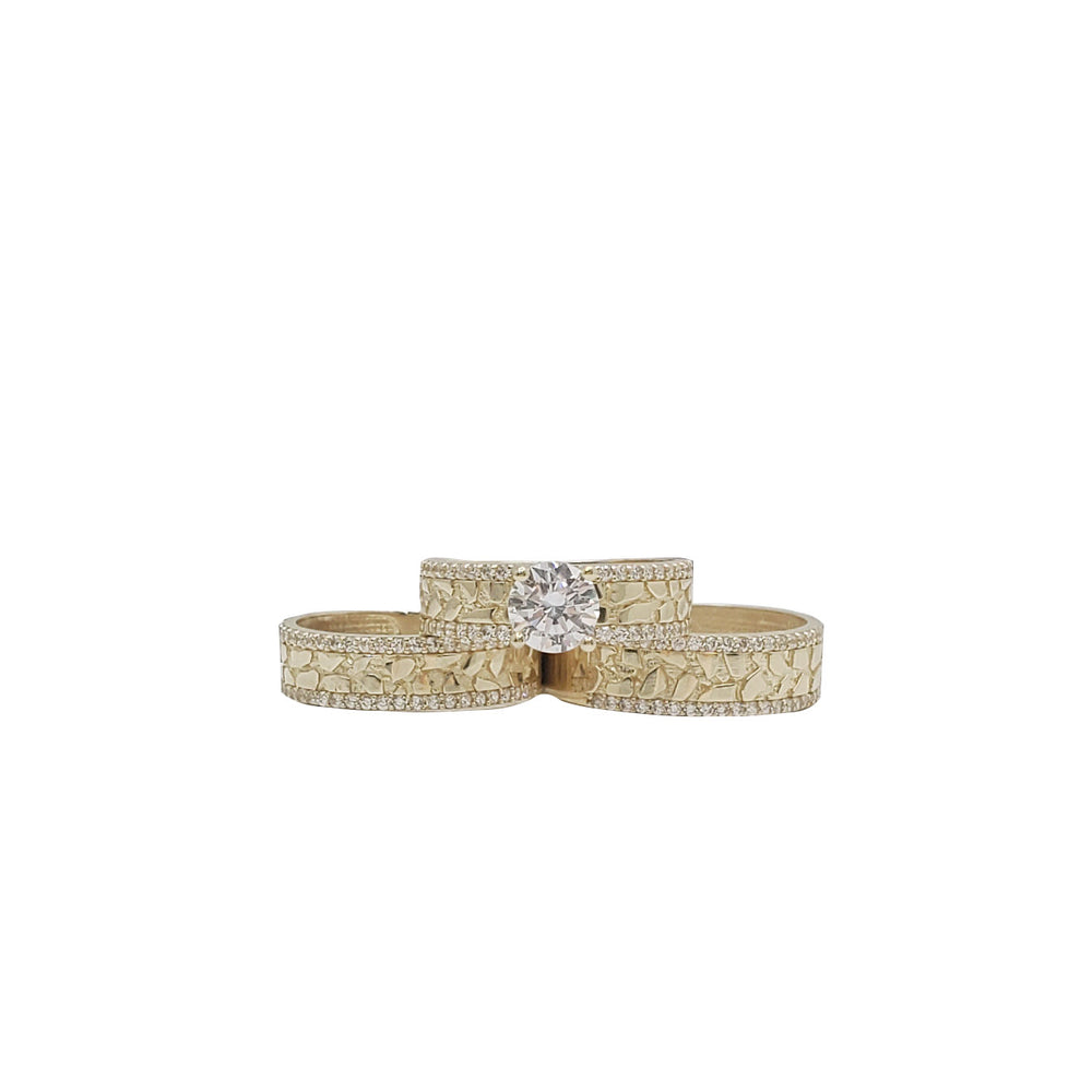 3 Piece Set Nugget Textured Zirconia Engagement/Wedding Rings (14K)