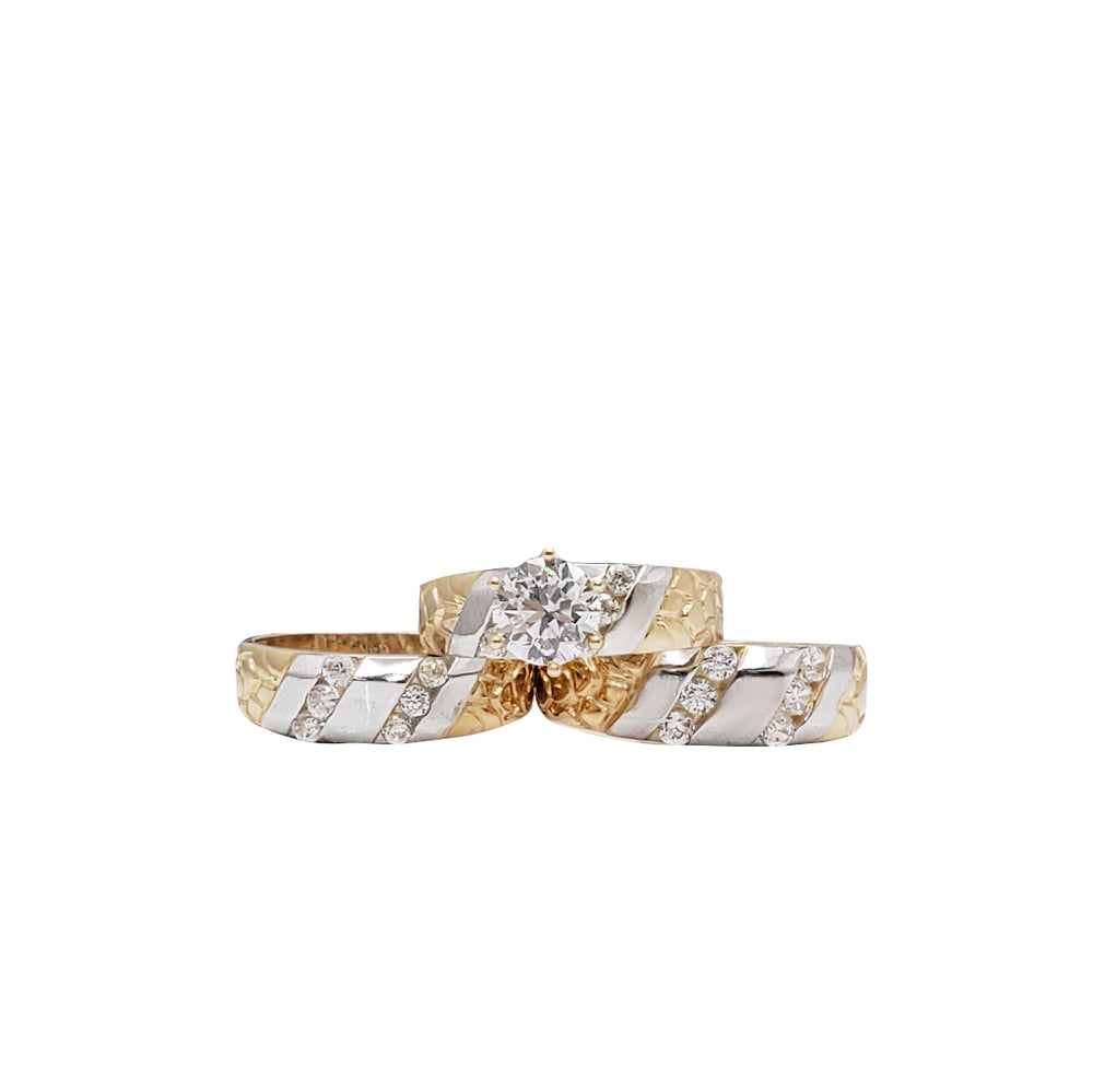 3 Piece Set Two Tone Nugget Zirconia Engagement/Wedding Rings (14K)