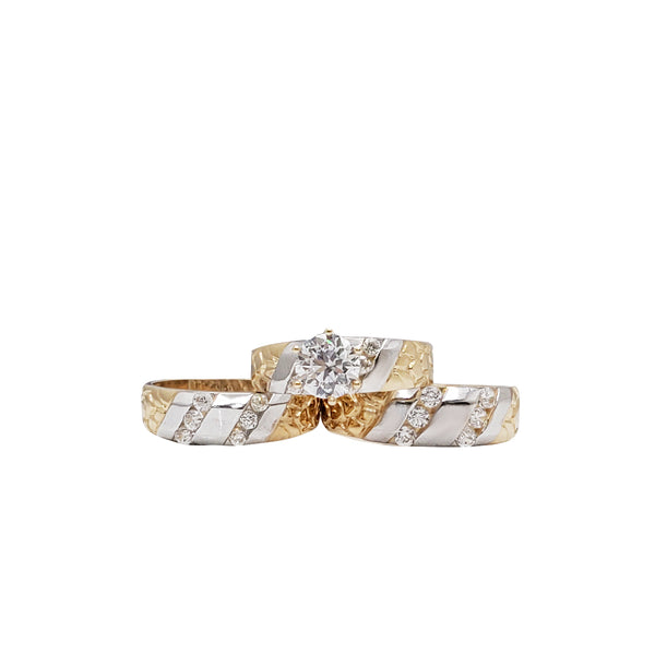 3 Piece Set Two Tone Nugget Zirconia Engagement/Wedding Rings (14K)