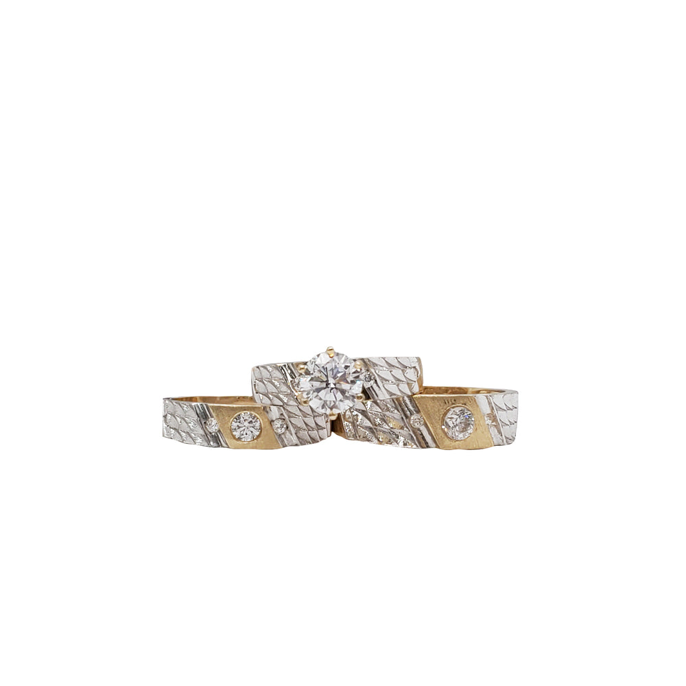 3 Piece Set Two Tone Diamond Cut Zirconia Engagement/Wedding Rings (14K)