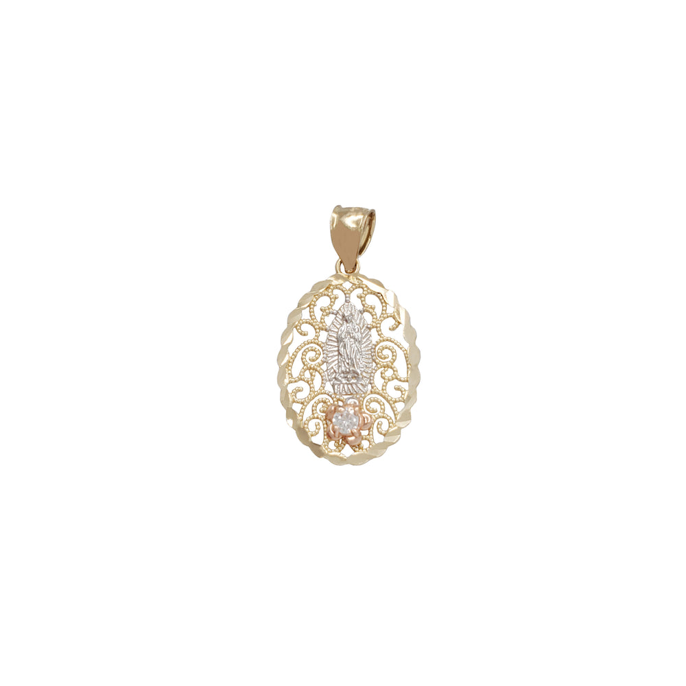 Oval Lacy Swirl Tricolor Virgin Mary Pendant (14K)