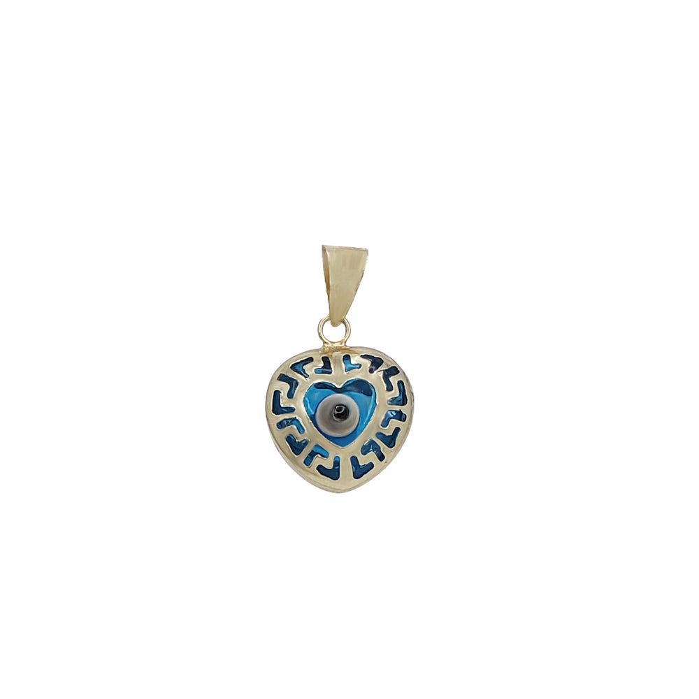 Greek Key Heart Blue Evil Eye Pendant (14K)
