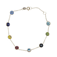 Round Bezel Cable Link Multicolor Evil Eyes Bracelet (14K)