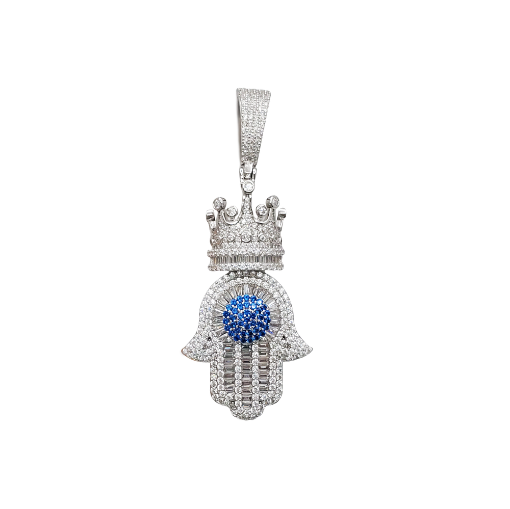 Zirconia Baguette Hamsa Pendant (Silver)