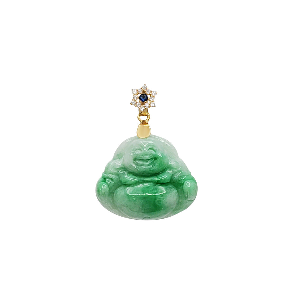 Blue Zirconia Jade Laughing Buddha Pendant (14K)