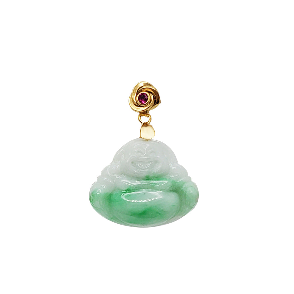 Red Cubic Zirconia Jade Laughing Buddha Pendant (14K)