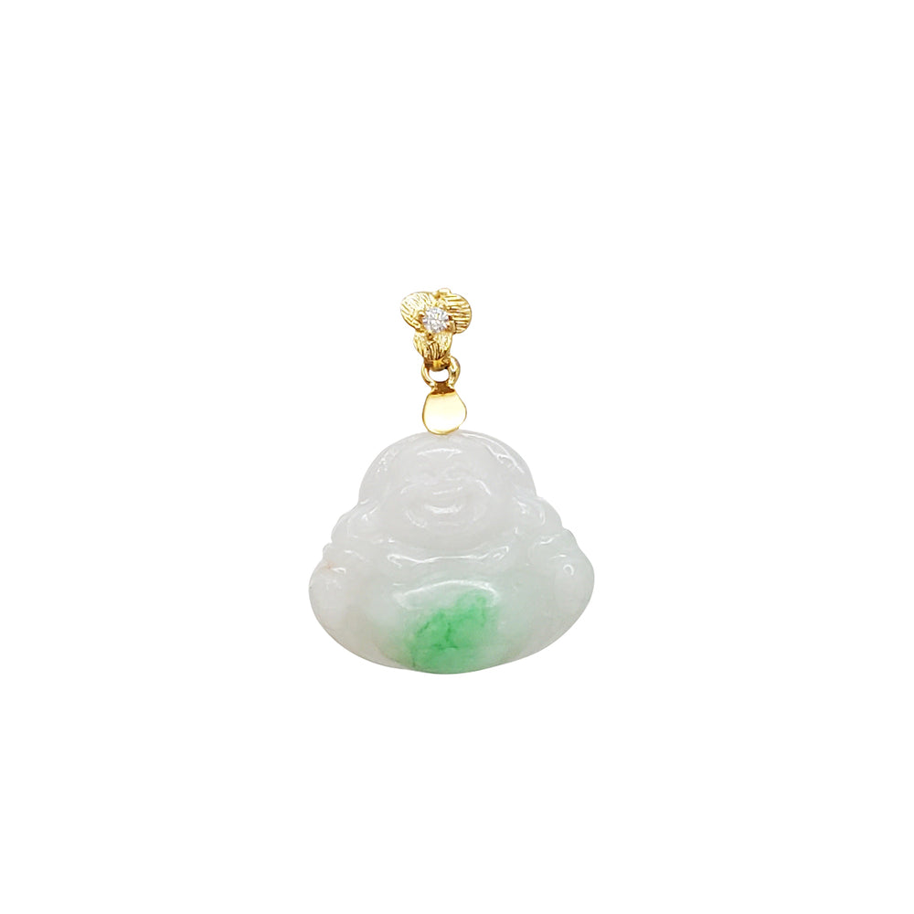 Three Leaf Zirconia Jade Laughing Buddha Pendant (14K)