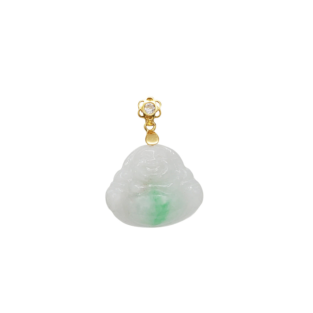 Flower Zirconia Jade Laughing Buddha Pendant (14K)