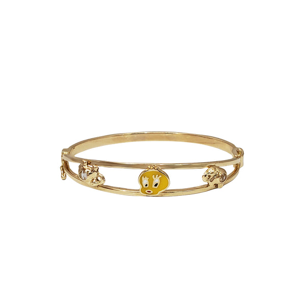 Enameled Canary Bird & Elephant Baby Bangle Bracelet (14K)