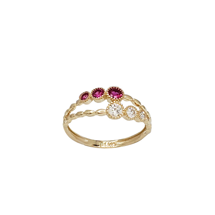 Red & White Zirconia Split Milgrain Bezel Ring (14K)