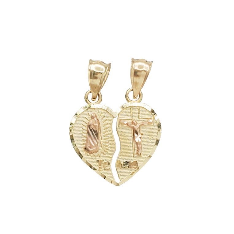 Tricolor Split Heart Religious Pendant (14K)