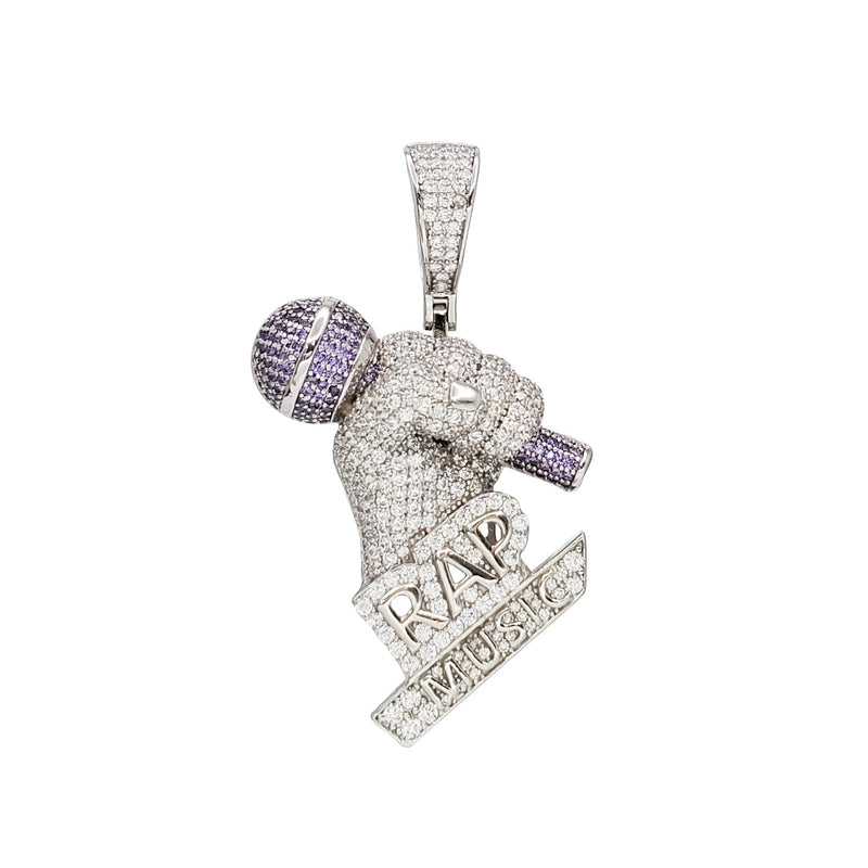Iced Out Microphone RAP Music Pendant (Silver)