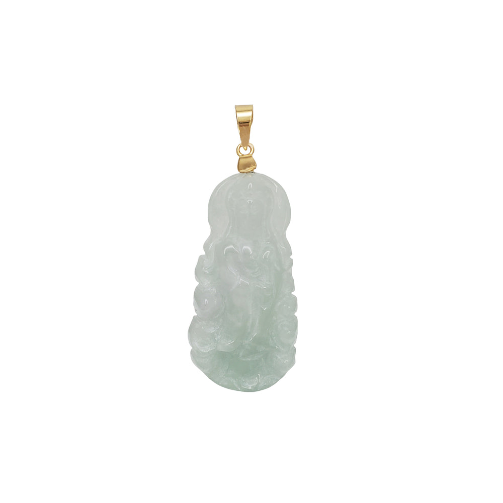 14K Gold Light Green Jade Guanyin Pendant
