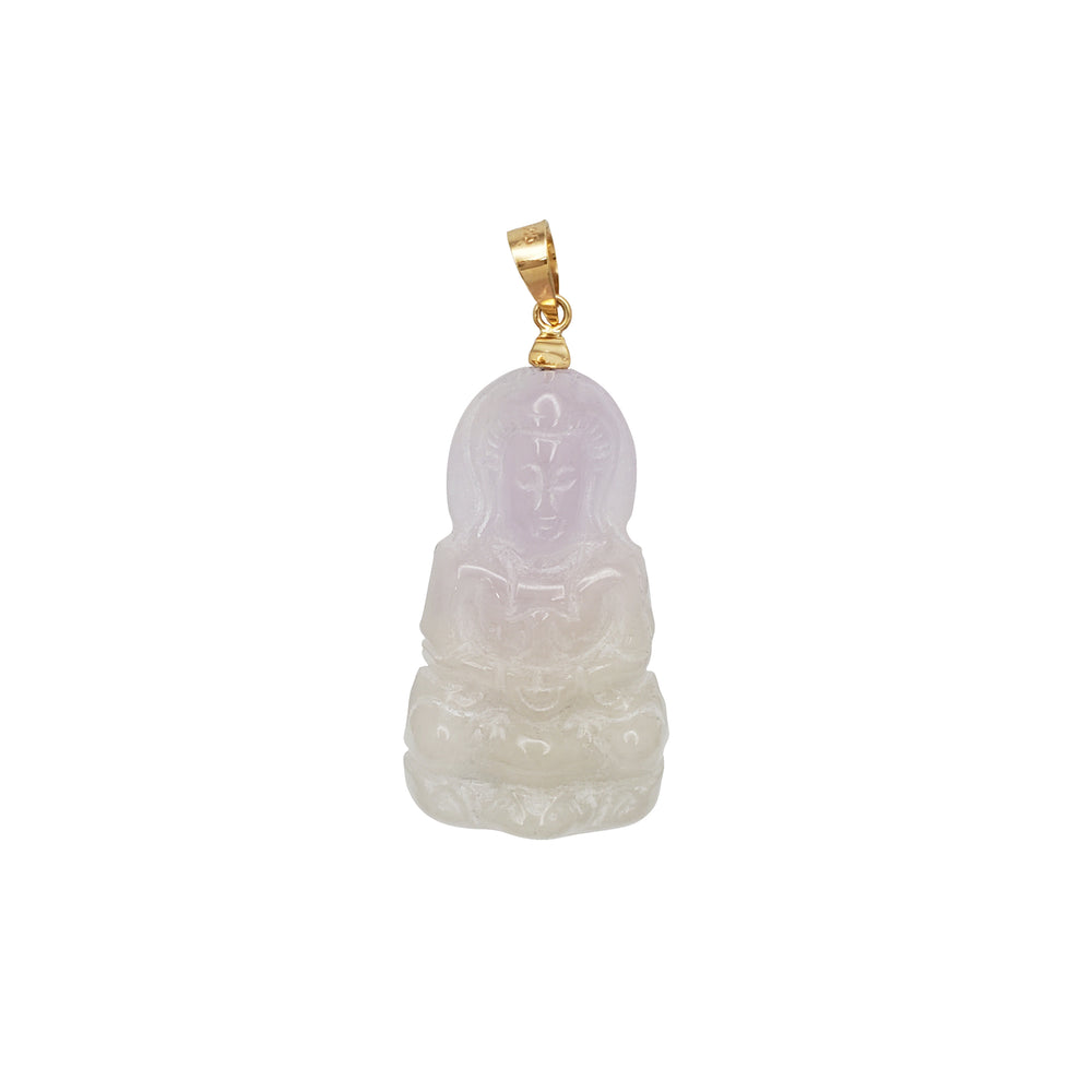 14K Gold Lavender & White Jade Guanyin Pendant