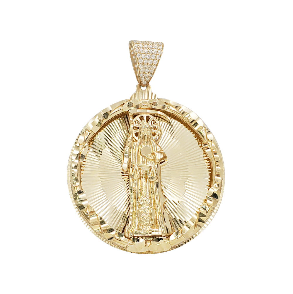 Zirconia Diamond Cut Round Santa Muerte/Grim Reaper Medallion Pendant (14K)