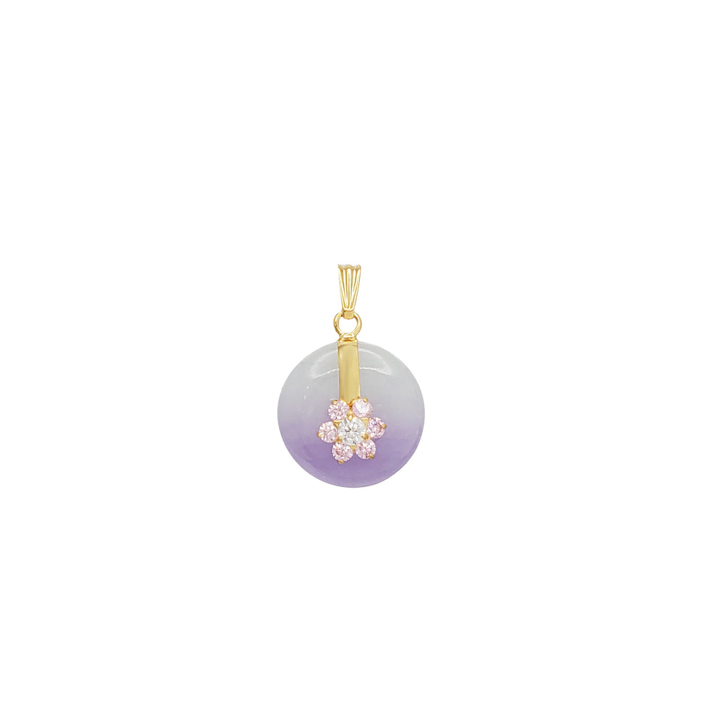 Zirconia Flower Purple Jade Disc Pendant (14K)