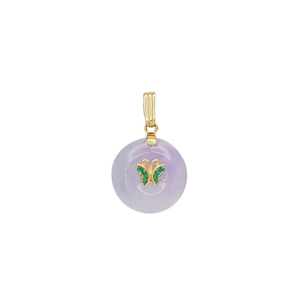 Verdant Zirconia Butterfly Purple Jade Disc Pendant (14K)