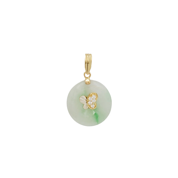 Zirconia Butterfly Green Jade Disc Pendant (14K)