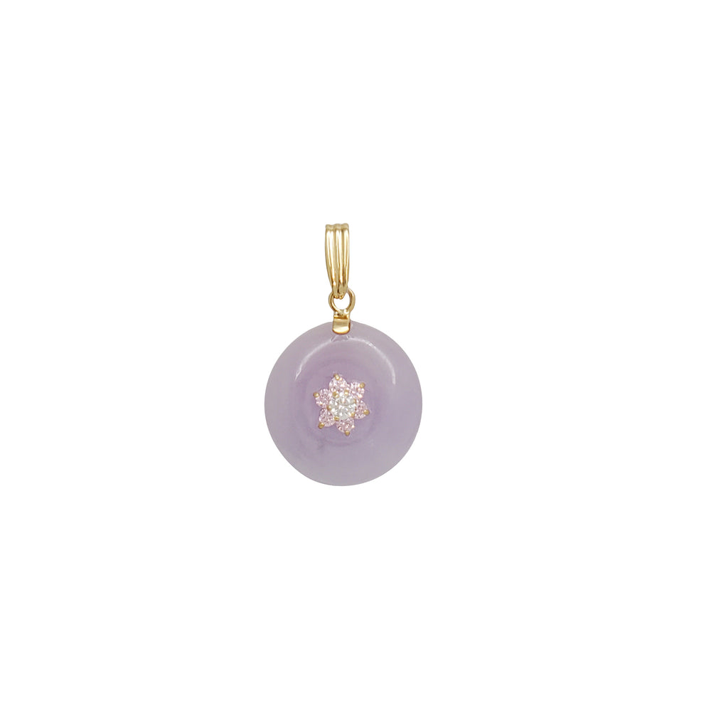 Zirconia Pink Flower Purple Jade Disc Pendant (14K)