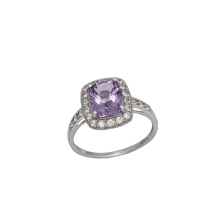 Amethyst & White Sapphire Cushion Halo Lady Ring (14K)