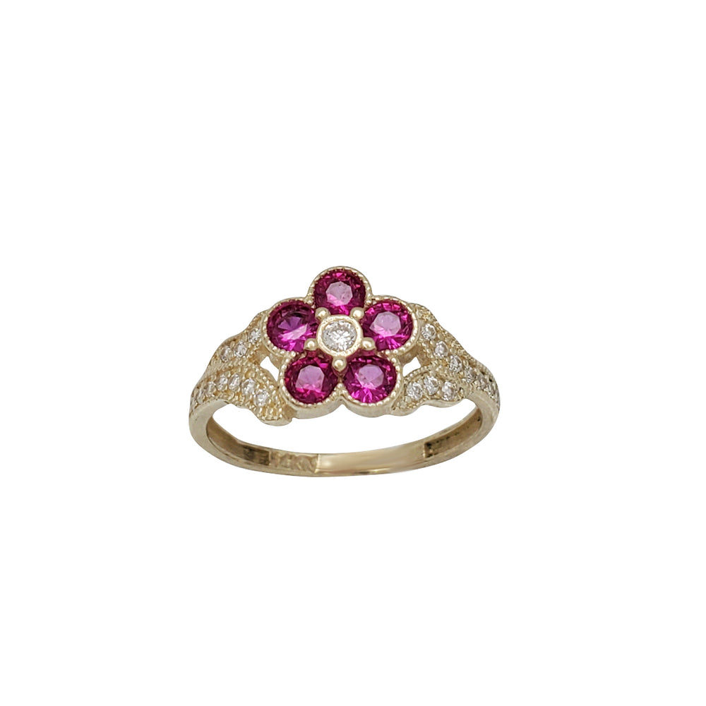 Red Zirconia Flower Ring (14K)