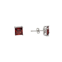 Red Zirconia Stone Square Stud Earrings (Silver)