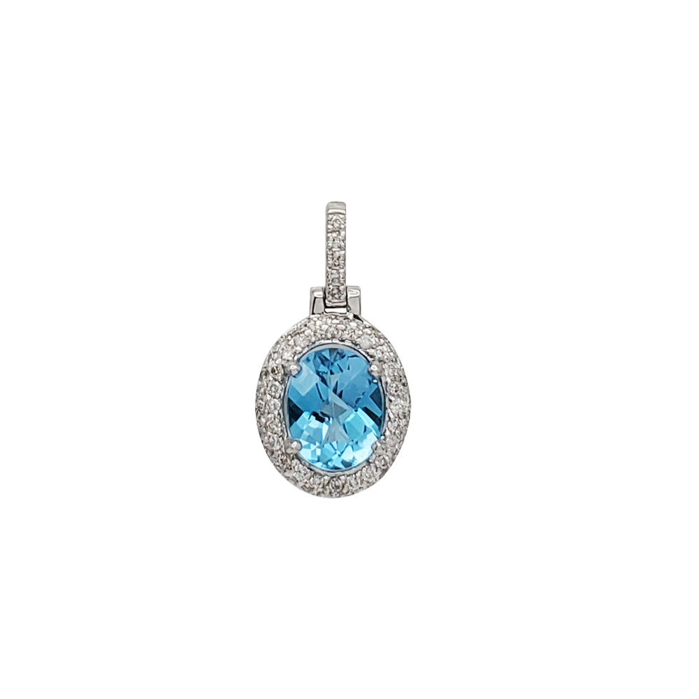 Oval Blue Topaz Diamond Halo Pendant (14K)
