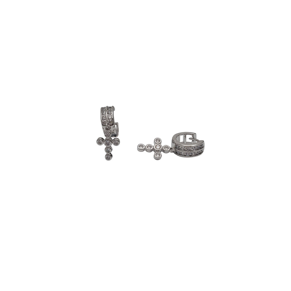 Zirconia Cross Huggie Dangling Earrings (Silver)