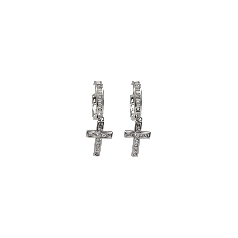 Zirconia Cross Huggie Dangling Earrings (Silver)