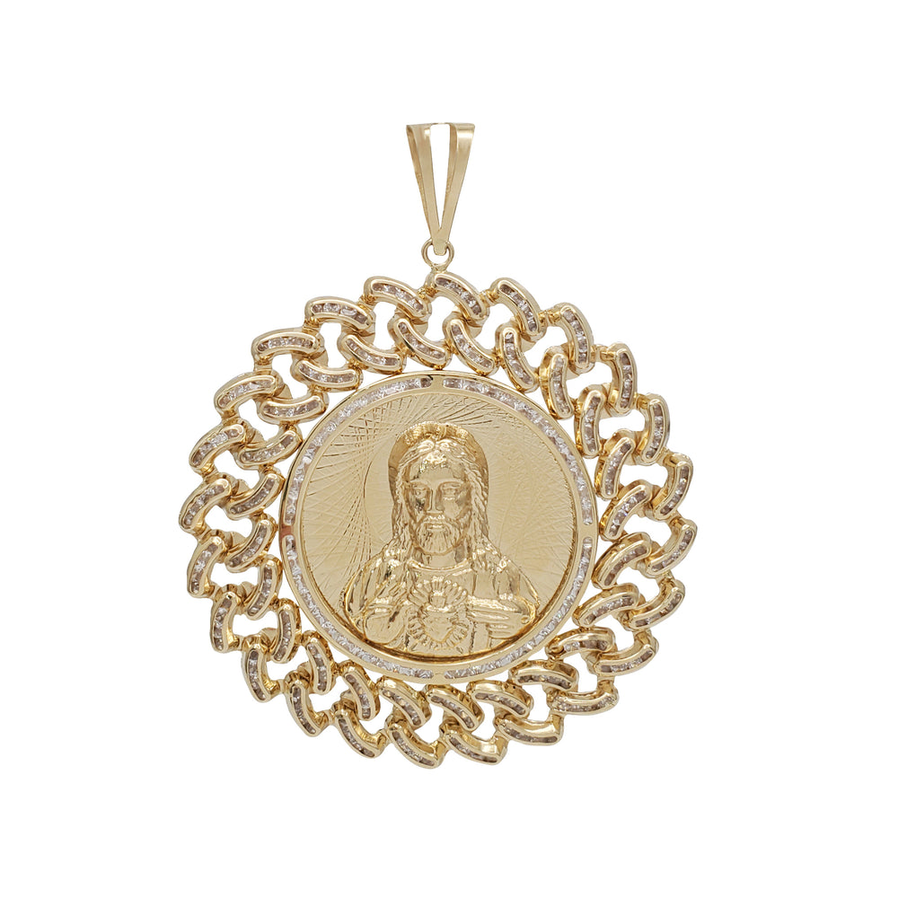 Cuban-Frame Round Jesus Medallion Pendant (14K)