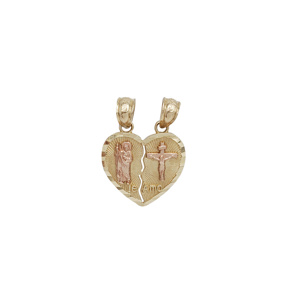 Tricolor Split Heart Cross & Saint Jude Pendant (14K)