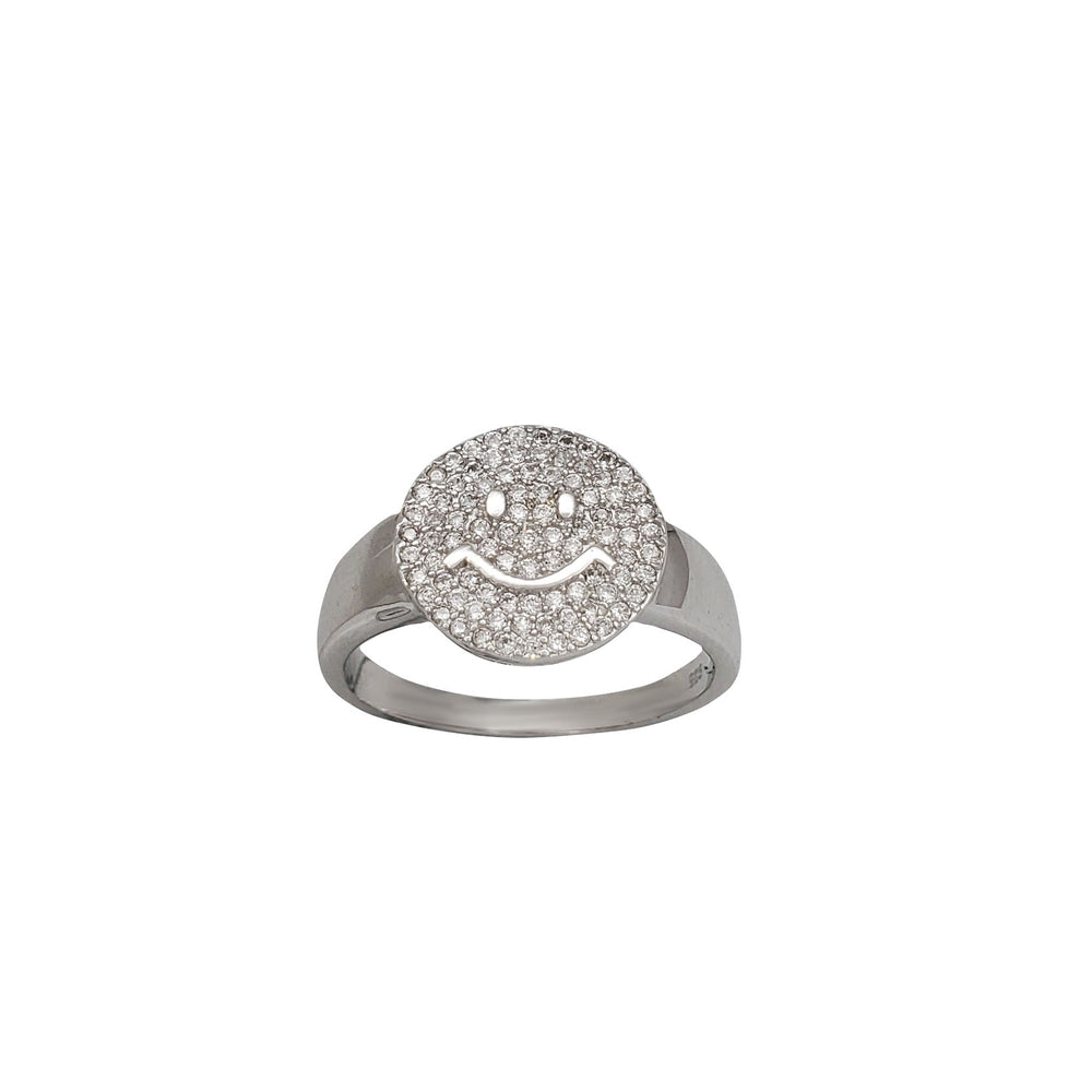 Iced Out Zirconia Smiley Happy Face Ring (Silver)